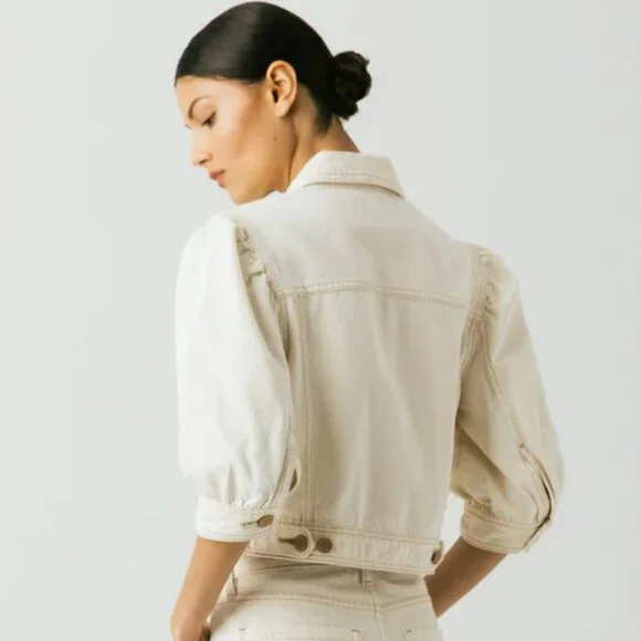 Blank NYC Cake Topper | Puff Sleeve Cream Denim Jacket | Sz M | *New w Tag* - Picture 7 of 8